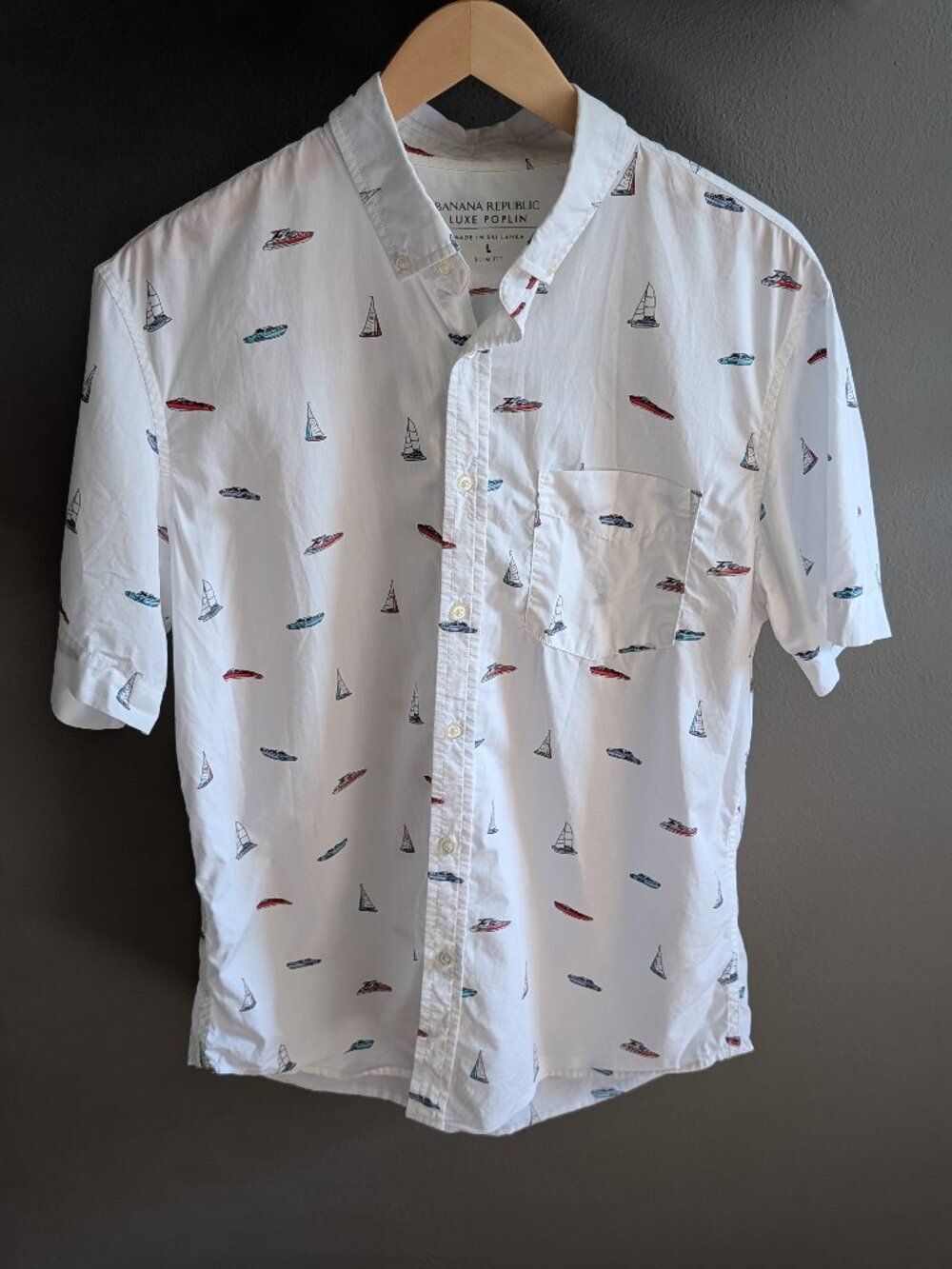Banana Republic Luxe Poplin Boat Print Shirt Mens Large L Slim Fit Nautical